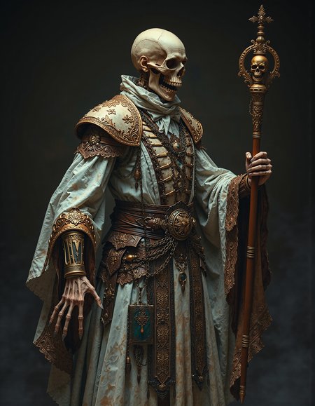 R3alisticF, fantasy photo of an evil male lich in an opulent but worn out white baroque dress with tan and brown accents and a crinoline. an undead skeleton necromancer holding a magic scepter. A grimoire hangs chained to his leather belt. evil laughter. he's wearing a , jewelry, metal pauldrons. skeleton hands. cel shading, dark fantasy, full length portrait, ancient, weathered, worn out clothing, dusty, dirty, rugged, dark background <lora:FluxMythR3alisticF:0>