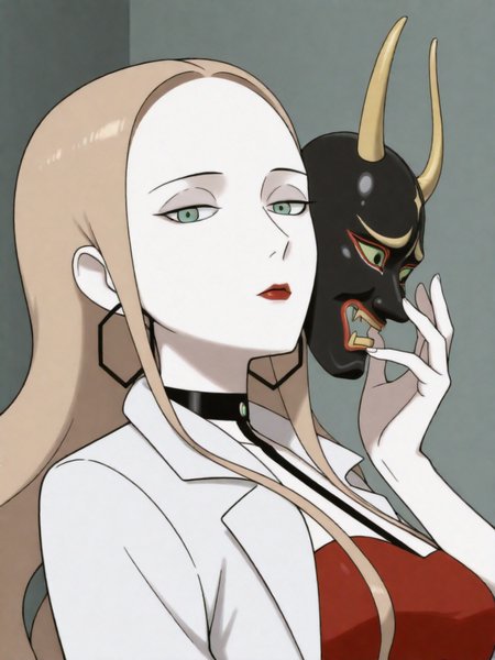 ILXLpos,zzOleana, green eyes, blonde hair, long hair, red lips,hoop earrings, black choker, red shirt, black pencil shirt, white coat,upper body,holding a hannya mask,<lora:Oleana:0.8>,<lora:Hannya IL:0.8>