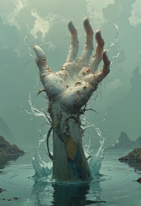 Surreal hand emerging from water, dreamlike and ethereal