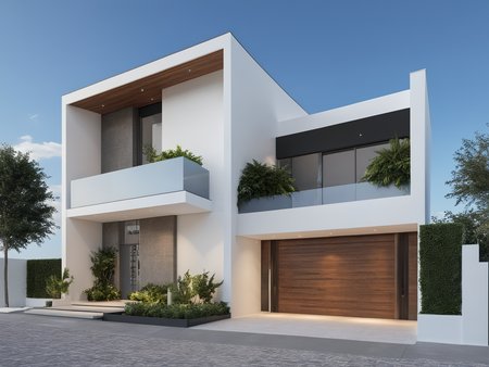 Architectural style Architectural style,    <lora:JJsMInimalistStyleHouse_XL:1>, ((MInimalist Style House)),(masterpiece) , ((best quality)), dramatic lighting, high quality outdoors, sky, day, cloud, tree, blue sky, building, scenery, road, real world location,  sunlight, enough detail, high resolution,super realistic, Photorealistic, highly detailed, balcony, plants, door, car,  paving, , architectural drawing, highly detailed  , . Clean lines, geometric shapes, minimalist, modern, architectural drawing, highly detailed
