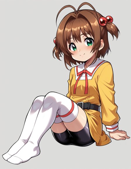 zPDXL, score_9, score_8_up, score_7_up, score_6_up, score_5_up, score_4_up, 1girl, solo,
<lora:Daikin_v1-18:1> dkn, kinomoto sakura, short hair, brown hair, antenna hair, hair bobbles, two side up, yellow dress, collared dress, black belt, bike shorts, thighhighs skindendation, no shoes, sitting, looking at viewer, green eyes, blush, light smile,