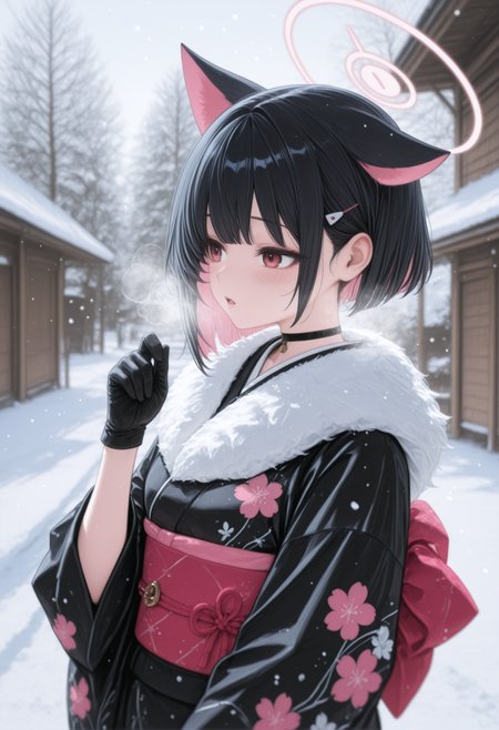 ,kazusa \(blue archive\), 1girl, solo, blush, open mouth, short hair, black hair, long sleeves, gloves, red eyes, animal ears, upper body, pink hair, multicolored hair, outdoors, japanese clothes, black gloves, alternate costume, choker, cat ears, wide sleeves, kimono, blurry, halo, fur trim, sash, black choker, floral print, obi, extra ears, colored inner hair, breath, snow, snowing, print kimono, black kimono, pink halo, fur-trimmed kimono,,masterpiece,best quality,newest,absurdres,highres,very awa, 