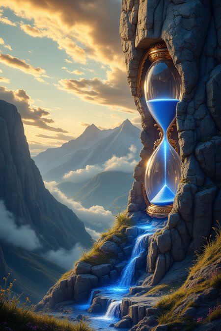 A colossal hourglass embedded in the side of a mountain with a small waterfall flowing underneath it