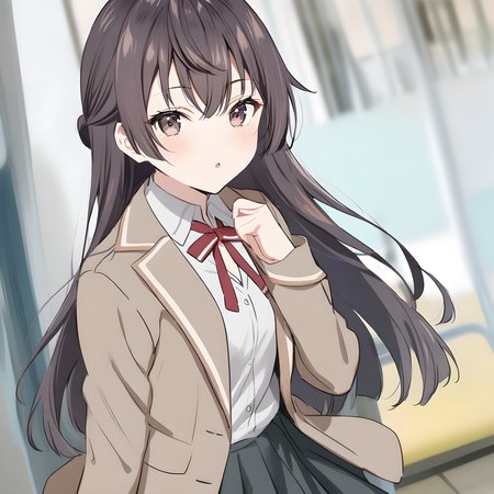 suou_yuki, brown hair, brown eyes, long hair, solo, 1girl, medium breasts, school uniform, skirt, jacket, :O, parted lips, looking at viewer, school background, <lora:XL-SuouYuki:1>