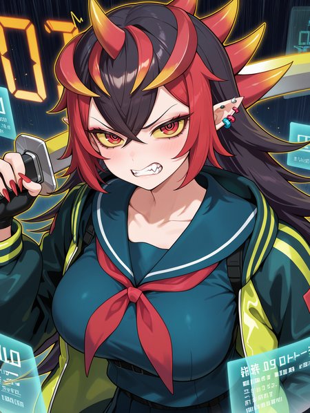 you're finished,oni girl,1girl,digital number,solo,yellow sclera,holding katana,katana,large breasts,looking at viewer,sword over shoulder,red nails,upper body,fangs,collarbone,clenched teeth,angry,ringed eyes,sharp fingernails,ear piercing,yellow jacket,blue serafuku,red neckerchief,blue pleated skirt,black fingerless gloves,black pantyhose,holographic interface,
masterpiece,best quality,amazing quality,very aesthetic,absurdres,newest,<lora:You're Finished illusXL v1:0.74>,