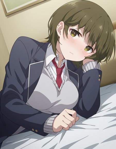 score_9, score_8_up, score_7_up, source_anime, <lora:isana-higashira-s1-ponyxl-lora-nochekaiser:1>, isana higashira, short hair, bangs, green eyes, green hair, large breasts,, shirt, long sleeves, school uniform, jacket, white shirt, open clothes, necktie, sweater, open jacket, blazer, red necktie, grey sweater,, indoors, bed, bed room, on side, blush, drunk, looking at viewer, solo,, cowboy shot, dutch angle