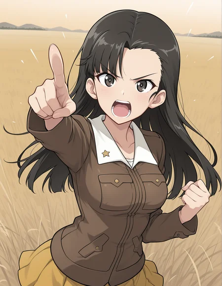masterpiece, best quality, absurdres, highres, <lora:nishi kinuyo illu:0.9> nishiillu, chi-hatan military uniform, brown jacket, long sleeves, yellow skirt, standing, looking at viewer, field, pointing, shouting,