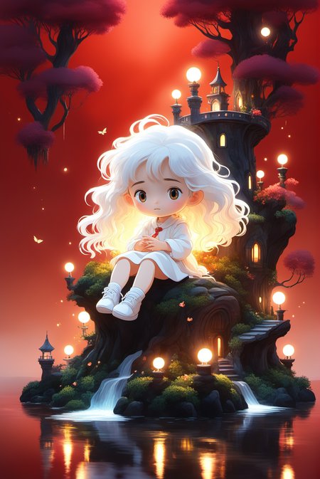 Studio Ghibli,1girl,long hair,white clothes,white hair,curly hair,Isolated on white background,light watercolor,bright,few details,sunlight,<lora:xl_more_art-full_v1:0.8>,
intricate linework,bright colors,behance contest winner,vanitas,angular,altermodern,unreal engine 5 highly rendered,global illumination,radiant light,detailed and intricate environment,soft focus,
mystical palace surrounded by a vast,shimmering lake.,red theme,fireflies,solo,cloudy sky,dark,no humans,night,tree stump,night,signature,garden,sunbeam,, (((masterpiece))),(((best quality))),((ultra-detailed))