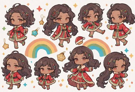 A (Character/reference Sheet) StickerSheet concept art (chibi:1.2) with (full body, front/back view) of a solo (African American, dark-skinned, ethnic hairstyle/hair:1.2) character with a ((multicolored, [rainbow]:1.2) Christmas festival aesthetic:1.2), (multiple views of the same character in the same outfit:1.2), (white background:1.5), (small/dainty hands/feet:1.2), (painting), (masterpiece), (best quality), (intricately detailed), (sfw:1.2), bioluminescent filigree, (emitting diodes:1.2), OverallDetail, charturnerv2, (XmasTheme:0.8)