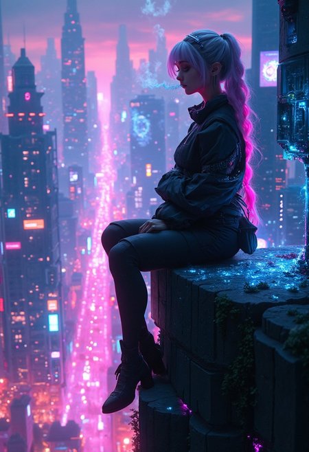 A stunning woman with a cyberpunk aesthetic sits on the ledge of a glowing skyscraper, overlooking a sprawling futuristic city. She has a heart-shaped face, almond eyes, and long, neon-glowing hair styled into a cyber-enhanced braid. Wearing a sleek, high-tech outfit and a lot of equipment, accessoires & elements in a futuristic cyber punk style, like  NeuroVisor", "HoloVisor" or "CyberLens" and PulseBands, NanoSleeves or CyberCuffs that shimmers in neon light, she smokes a glowing vape, releasing vapor rings that morph into holographic patterns. Below, flying cars zip through streets lined with neon signs and dynamic, futuristic architecture. The cityscape is vibrant with pink and electric blue hues, as drones patrol the skies. The ledge she sits on is cracked and adorned with digital moss, symbolizing the fusion of nature and technology. The scene captures the cool, futuristic beauty of the city in the calm of a neon-lit night