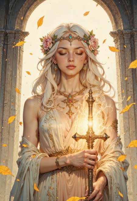 a stylized, ethereal scene with a female character. She has long, flowing white hair adorned with a delicate floral headpiece. Her skin is pale, and her eyes are closed, giving a serene expression. She wears ornate, golden jewelry, including a cross-shaped earring and a ring. The character is dressed in a flowing, light-colored gown with intricate patterns. She holds a glowing, golden sword with a cross-shaped hilt, which emits a warm light that illuminates her face and surroundings. The background is softly blurred, with hints of an arched structure, creating a heavenly, dreamlike atmosphere. Golden petals float around her, enhancing the mystical and serene ambiance of the scene.