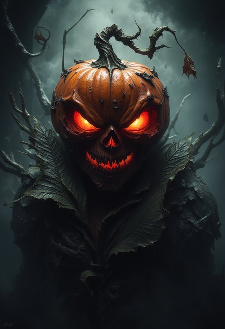 FredFraiStyle, "A hyper-detailed, nightmarish pumpkin-headed creature, with deep, glowing red eyes that shine menacingly in the darkness. The creature's face is twisted into a horrifying skeletal grin, with jagged, decayed teeth and deeply etched furrows along the surface of the pumpkin, giving it an ancient and haunted appearance. A thick, dark vine grows from the top of its head, curling ominously into the air, and a single weathered leaf dangles from it. The creature's neck and shoulders are enveloped in a collar of large, tattered leaves, their edges rough and thorny, adding to its grotesque, plant-like form. Gnarled, twisted branches grow out from its body, intertwining with the vines, creating a monstrous fusion of nature and horror.
The atmosphere is dark and foreboding, with mist swirling around the creature as it looms in front of a shadowy, forest-like background. The scene is bathed in eerie, cinematic lighting, casting deep shadows that heighten the creatureâs otherworldly and terrifying presence. The overall mood is mystical, dark, and sinister, with a chilling sense of unease as the creature seems to emerge from a nightmarish realm. Hyper-realistic textures, sharp details on the pumpkin's surface, intricate veins on the leaves, and a general feeling of dread as if the creature is alive and watching."
<lora:FredFraiStyle-FLUX-Share:0.95>
<lora:Ars_MidJourney_Style_-_Flux:0.6>
<lora:- Flux1 - vanta_black_V2.0:0.55>