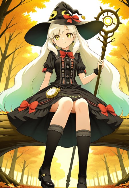 masterpiece, best quality, 1girl, solo,  zzMayu, forest witch, gradient hair like changing leaves, glowing yellow eyes, leaf-and-lace dress, mossy kneehighs, twisted branch staff, overgrown hat with mushrooms, white hair streaks, floating candles, forest glade, autumn mist, swirling butterflies, magic sigils, mischievous smile, sitting on a floating log  Deep in the heart of the painted forest, Mayu brews enchantments with a flick of her staff and a song whispered to the trees. Her hair shifts with the seasonâs breath, and her eyes gleam like captured sunlight. Animals watch from the trees as glowing runes spiral around her fingers. The forest obeys her rhythmâsoft, strange, and unshakably serene. narrow waist,  , <lora:MAYULoveLogic_IXL:1.0>,