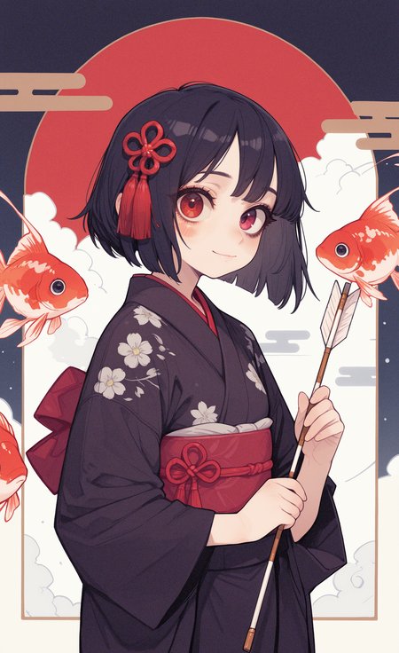masterpiece, best quality, good quality, newest, highres, absurdres, 1girl, solo,short hair, black hair, blush stickers, bob cut, long sleeves, hair ornament, red eyes, japanese clothes, wide sleeves, kimono, sash, floral print, obi, tassel, print kimono, black kimono, obijime, red sash, holding, arrow \(projectile\),
goldfish, flying fish,cloud, facing viewer, looking at viewer, closed mouth, happy,
upper body,from side, egasumi, tfaix, 0huton_illu <lora:illustriousXL_stabilizer_v1.23:0.3> <lora:NOOB_vp1_detailer_by_volnovik_v1:0.3> <lora:ponyv6_noobE11_2_adamW-000017:0.3> <lora:namukijpg_ill:0.75> <lora:tenebriflora-wai:0.75> <lora:bikabaka:0.45>