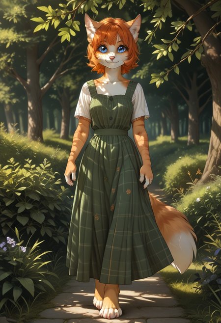 score_9, score_8_up, score_7_up, score_6_up, score_5_up, score_4_up, semi realistic, Vera,1girl, solo, furry female, short hair, orange hair, bangs, fox ears, perfect eyes, blue eyes, freckles, snout, animal nose, body fur, two-tone fur, orange fur, white fur, striped, fox tail, square pattern on dress, green sundress, green and orange color, barefoot, full body, walking,  front side view, looking at the viewer, smile, focus on face, outdoors, village plaza, tree, bushes, ((back light, counterlight)), transmitted light, soft light, soft shadows, morning, d3t41l3d, BadDream, 4k, 8k, Ultra HD, Masterpiece, Best quality, Detailed), Detailed background,