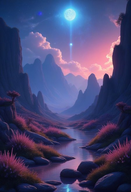 A serene fantasy landscape. Bioluminescent plants speckle this almost barren land. Distant crooked mountains give a pristine skyline which opens up to the neighboring planets shimmering in the night sky. A few fluffy clouds appear in what is otherwise a crystal-clear night sky.