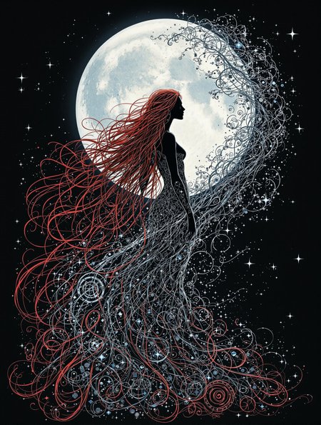An intricate Gaelic goddess with long red metallic hair looks over her shoulder, standing centered in the image. She is silhouetted by a giant crystal moon. She is looking back over her shoulder with a joyful expression. Her long hair streams out behind her in an unseen wind, twisting and turning in elaborate waves and coils. The character's hair and body are fragmenting and transforming, stretched out behind her, elongated into languorous tendrils that weave in and out of each other. On the other side of the image, the tendrils all blend into a beautiful nighttime Cloudcape, composed of organic patterns of whorls, spirals and waves. Overall, the image is a semi-abstract digital artwork, exploring the boundaries of deconstruction, transformation and the beauty that can arise from chaos.