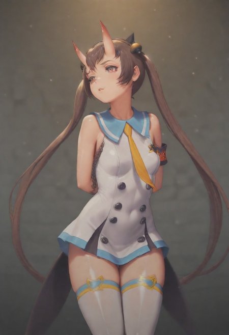 masterpiece, best quality, amazing quality,,, shiny skin,,,,,, DCDavi-Def, twintails, oni, horns, brown eyes, white clothes, dress, armband, necktie, thighhighs, <lora:Davi_Archfiend:0.8>