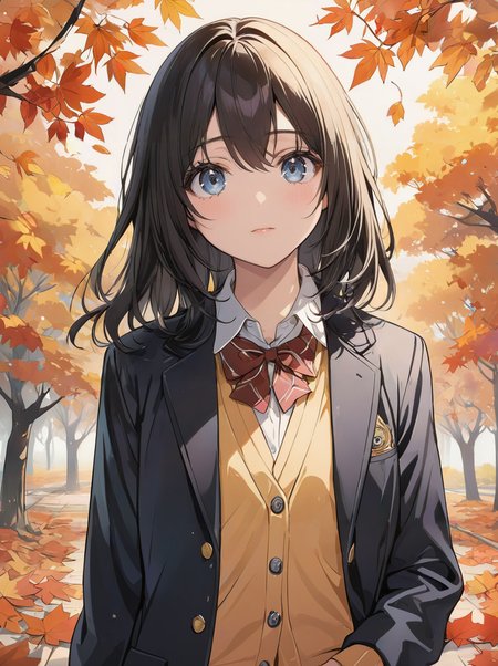 masterpiece,ultra-detailed,best quality,8K,illustration,cute face,clean skin ,shiny hair,girl,ultra-detailed-eyes,simple background, <lora:add-detail-xl:1> <lora:school uniform cardigan_XL_V1.0:0.8> school uniform, blazer, cardigan, skirt <lora:kouyou_XL_V1.0:0.6> autumn leaves