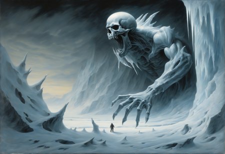 The monochromatic painting depicts a colossal, bony hand emerging from an icy abyss. The hand is deformed and adorned with long, sharp claws. The background is dominated by ice and snow, creating a cold and hostile atmosphere. The hand appears to be breaking through the reflective surface of the ice, hinting at a massive creature lurking beneath. A blizzard rages on, adding to the intensity, while the snowstorm envelops the scene, making the hand's emergence even more dramatic.
