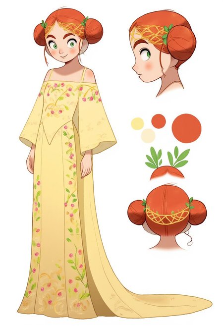 SecretKells, anime oil painting, full  body portrait of a beautiful young woman with red hai,reference sheet,white background,simple background,multiple views, upper body, front, from side, color palette reference, wearing Padme Amidala Yellow Naboo Picnic Dress with Celtic design. Animated, stylized, detailed portrait, mystical atmosphere. delicate off-the-shoulder dress in a pale yellow fabric adorned with intricate floral embroidery in shades of pink and green. The dress has a fitted bodice and a flowing skirt, her hair in two side buns, Her head is adorned with a golden headpiece resembling a crown intricately woven with gold and adorned with small pink flowers, high_detailed, captured in high detail, CharacterDesignFLUX