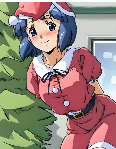 <lora:pony_xl_miki>,miki,score_9,score_8_up,score_7_up,source_anime,1girl,best quality,masterpiece,super fine illustration,solo,standing,arms_behind_back,leaning_forward,thigh,cowboy_shot,looking_at_viewer,santa_hat,santa_costume,wrinkling of clothes,indoor,smile,embarrass,light_blush,