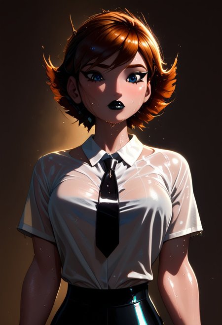 Score_9, score_8_up, score_7_up, best quality, highly detailed, colorful, realistic, 1girl, janet van dyne, brown hair, short hair, blue eyes, white shirt, collared shirt, black necktie, black pants, slim body, thin, closed mouth, black eyeliner, long eyelashes, black eyelashes, makeup, SOLO, black eyeshadow, black lipstick, very shiny skin, glistening body, subsurface scattering, detailed skin texture, oiled body, big breasts, very dark background, dark theme, low light, bright backlighting, neon shadow, dramatic lighting, extreme dark theme, upper body, looking down on viewer, (from side:0.5), wet shirt,