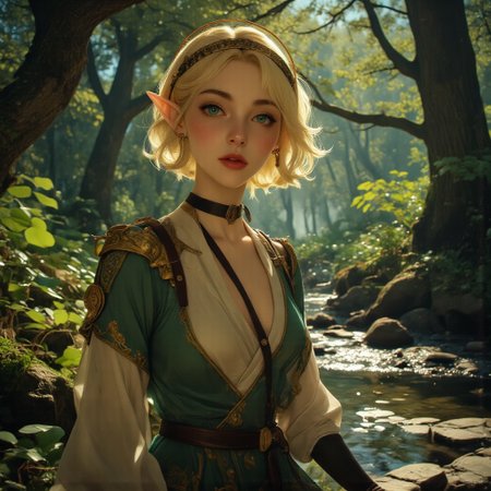 The image is a high-resolution Anime art of a woman standing in a serene, sunlit forest pond. She is an elf-like character with fair skin, a petite yet athletic build, and short, styled blonde hair adorned with a gold circlet. She has pointed ears, a distinctive feature of her elven appearance. She wears an intricate, ornate outfit that is a mix of dark green and white fabrics with gold accents with her bare breast out, z3ld4, The lighting enhances her features, creating a soft interplay of light and shadow, while the high-resolution quality captures every detail with photorealistic clarity Midjourney_Whisper