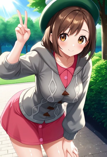 score_9, score_8, score_7_up, source_anime, (nsfw:1.0), BREAK, 
cute 1girl, shiny_skin, (large breasts), skinny body, brown_hair, brown_eyes, tareme, green_headwear, hooded_cardigan, pink_dress, 
angle:random, 
(leaning forward:1.3), hand on thigh, v sign, 
outdoors, light particles, light rays, park, blue sky,