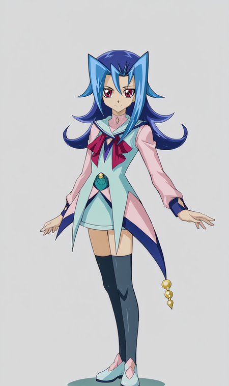 RK, 1girl, solo, blue hair, long hair, red eyes, multicolored long sleeve shirt, neckerchief, zettai ryouiki, white skirt, shoes, thighhighs, full body, smile, looking at viewer, white background, simple background, <lora:Rio Kastle Pony XL:1>