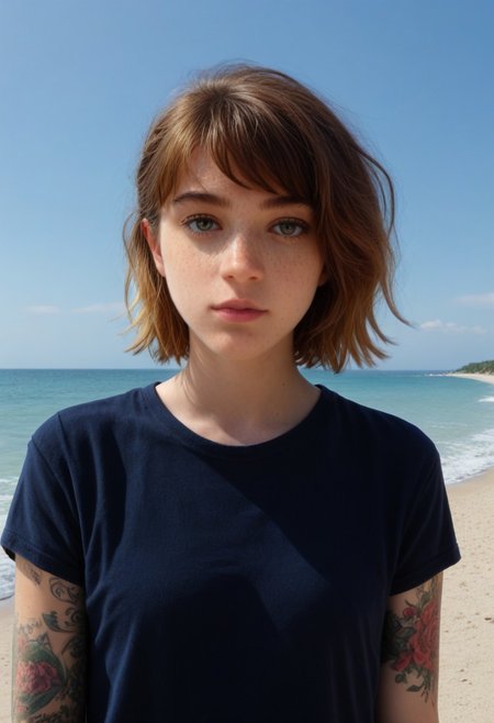andrea, 1girl, solo, rating_safe, beach, upper body, t shirt, jeans, arm tattoo, freckles