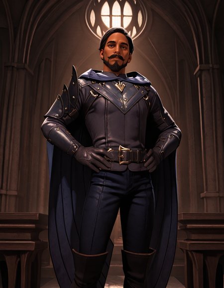 cinematic_depth, 8k, soft_lighting, warm_glow, ultra_high_quality, masterpiece, best quality, newest, perfect quality, best quality, detailed background, intricate details, male focus, solo, realistic, <lora:Dragon Age Veilguard - Viago de Riva - Illustrious 2_1-000006:0.7>, dav_viago, 1boy, mature male, black hair, short hair, dark skin, beard, mustache, blue eyes, leather armor, hooded cloak, single pauldron, leather belt, leather gloves, leather pants, leather boots, indoors, looking at viewer, hands on hips, looking at viewer, head tilt