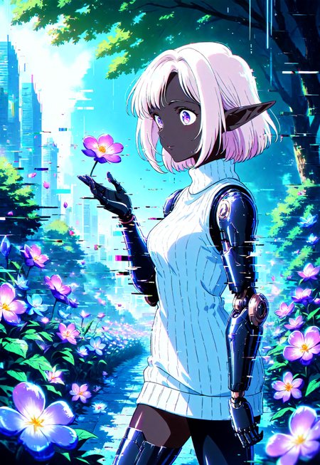 masterpiece, glitch, absurdres, anime style, ghibli, fairytale, 1girl, Elysia, dark elf, obsidian skin, short white hair, flickering bright violet eyes, robotic prosthetic arms, robotic prosthetic legs, wearing a black and white sweater dress with turtleneck, walking through a garden of crystal flowers in a digital cyberpunk city
