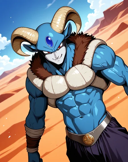 <lora:Moro_4th_Form_(Dragonball_Z)_(Illustrious)_(AD):1.5> Moro, muscular, goat,
dutch angle, exterior, desert, sky with detailed clouds,
male focus, gradient coloring, solo, cowboy shot, bent leg, perfect proportions, veiny muscles, blue body, large biceps, abs, soft shading, evil smirk, white chest armor, fur lined neckline, 
BREAK very awe, aesthetically pleasing, masterpiece, best quality, amazing quality, very aesthetic, perfect depth of field shot, in'ei, furry_art, source_furry, source_anime,
EZRealPONYXL, zPDXL, Smooth Quality, lazympos, IllustQualXL_Pos,