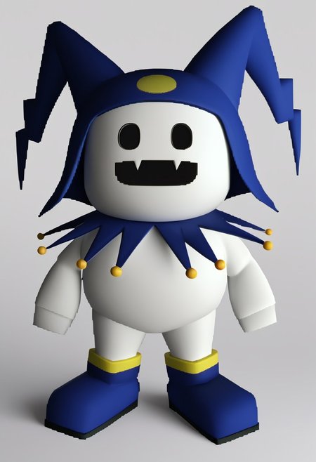 score_9, score_8_up, BREAK, solo, Jack Frost ((jackfrostsmt, creature, white skin, solid oval eyes, :d, fangs, jester cap, blue footwear,)), Final Fantasy VII overworld sprite ((ffviichibis, chibi, standing, full body, white background))
