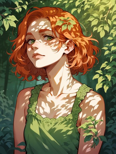 score_9, score_8_up, score_7_up, score_6_up, score_5_up,  <lora:dappledlightXLP:1> dappled light, dappled sunlight, forest, 1girl, ginger hair
