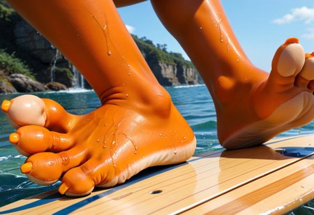 score_9, score_8_up, score_7_up, score_6_up, score_5_up, score_4_up, 1girl, furry female, kiff chatterley, orange squirrel, barefoot, orange feet, 3 toes, foot focus, close-up, water, surfing, feet on surfboard, wet on feet, close-up