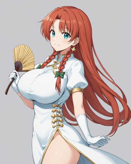 hong meiling,1girl, solo, earrings, china_dress, white_gloves, folding_fan, smile, white_dress, simple_background, white_background, cowboy_shot, alternate_costume, holding_fan, twin_braids, looking_to_the_side, closed_mouth, side_slit, large_breasts, short_sleeves
<lora:hong_meiling_image3632_2023-12-11-000004:1>,star-shaped_pupils,symbol-shaped_pupils,. gorgeous,key visual, vibrant, studio anime,award-winning, professional, highly detailed,high budget, cinemascope