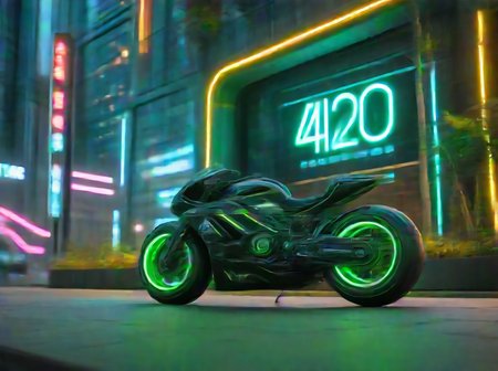 masterpiece,high quality,
420futurism,    <lora:420FuturismXL:0.8>
motorbike, no humans, ground vehicle, , motor vehicle, scenery, outdoors, building, vehicle focus, night, tree, "420" text,futuristic,cyberpunk.neon light