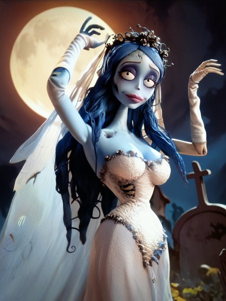 score_9, score_8_up, score_7_up, 1girl, arms up, looking at viewer, cowboy shot, detailed background, dynamic pose, dynamic angle, cute pose, graveyard, moon, night, from below, very sexy, naughty face, 
 <lora:EmilyXLP_character:1>, EmilyXLP, colored skin, blue skin, black eyes, long hair, makeup, blue hair, wedding dress, bridal veil, cleavage, narrow waist, cracked skin, monster girl, zombie, screencap, realistic