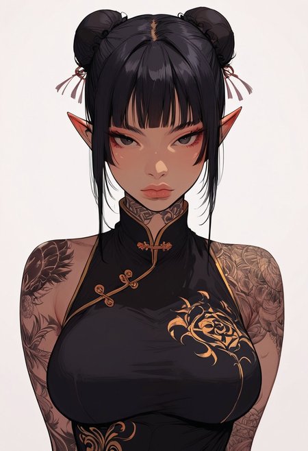 score_9, score_8_up, score_7_up, high detailed, high quality, masterpiece, no text, quality highlights, 8k detail, detailed background, source_anime, dynamic view, hentai, ultra-detailed,
...
1girl, solo, female focus, expressiveh, (young),
(black hair), (black eyes), (medium hair), ((high bun))
(perfect slender body), (pointy ears), bangs,
large breasts,
closed mouth, thick lips,
(incredibly sexy), sexy pose, pose, ((tattoos)),
...
(((black Qipao))),
eyes wide, looking at viewer, standing,
hands behind back, upper body,
...
((white background))