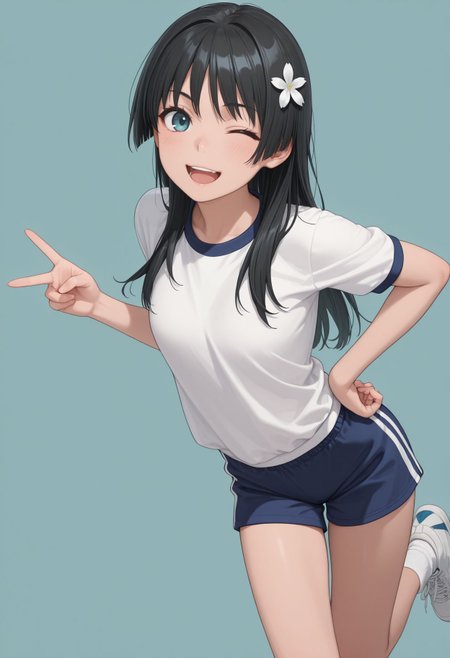 masterpiece,best quality,absurdres,highres,very aesthetic,high quality,detailed,insanely detailed,beautiful,perfect lighting, looking at viewer, hand on hips,smile, open mouth, light blue background,one eye closed, very awa
 upper body, <lora:Saten Ruiko illu:1> 1girl, long hair, black hair, hair ornament, hair flower, blue eyes,  
gym shorts, white shirt, gym shirt, blue shorts, sneakers, white socks, shoes, short sleeves
