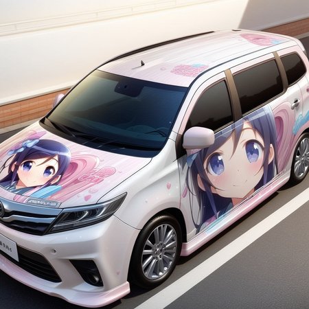 aragaki ayase,smile,vehicle focus, from side(lapping car,print car,painted car style),masterpiece,best quality, very aesthetic, absurdres,  ultra detailed  <lora:Ayase_Aragaki_-_Oreimo:0.7> <lora:lappingcar:1>