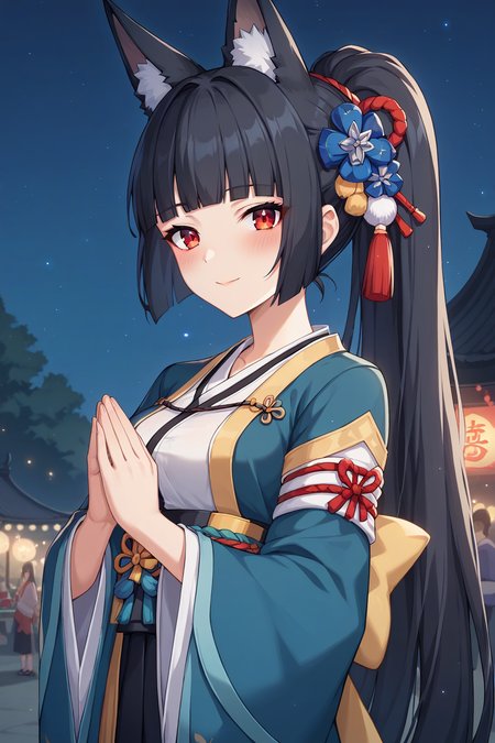 score_9, score_8_up, score_7_up, source_anime, 1girl, prefect lighting, very aesthetic, intricate details, highly detailed background, masterpiece, high quality, prefect hands, best quality, solo,
<lora:Hoshimi_Miyabi_ZZZ_V1:.85>, KJOhoshimi, long hair, animal ears, hime cut, black hair, red eyes,
kimono, ponytail, hair ornament, 
praying, light smile, looking at viewer, blush, 
night, festival, 
(Beautiful, medium Breasts:1.2), natural breasts,