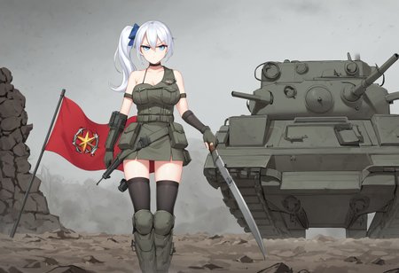 Best quality,ultra Hd, war zone ambience,short skirt,source anime, hammer and sickle cross symbol on red flag,game CG,battle style thigh high sock, smooth skin, soft medium round breast,glowing body,nice blue eye,long light white hair girl,side ponytail with ribbon, black & white elegant Soviet army winter outfit, outdoor,bare shoulder,waifu material, very sour face, hand hold SVD riffle , lawfull good tsundere girl,  serious vibes, she with upset face with  position to fire ,pointing gun at enemy,arctic cycle front,under heavy enemy concentrate fire, Trench 
with barbwire background,bottle of Vodka,sit on Trench with return fire,bullet casing, Blizzard ,pout face,cold looking eye, group of Ally soldier support  her  with fire from armored personal carrier turret gun,trenches warfare,T 34 tank with red flag fighting armored train mortar
