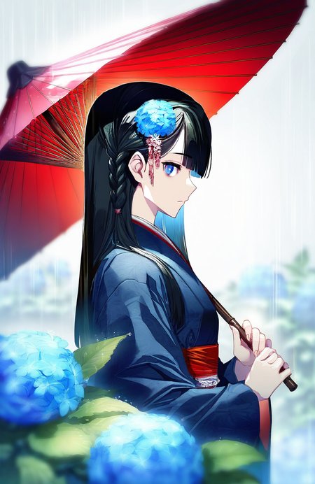 masterpiece,best quality,amazing quality,very aesthetic,absurdres,newest,impactful picture,offcial art,movie perspective,
lobelia \(doa\),long hair, asymmetrical bangs, single braid, side braid,looking at viewer,blue hair,
artist:carnelian:1.2,zounose,
japanese clothes, kimono, hair ornament, hydrangea, umbrella, blue eyes, hair flower, holding, blue kimono, upper body, bangs, blue flower, from side, outdoors, rain, black hair, holding umbrella, closed mouth, oil-paper umbrella, leaf, sidelocks, sunlight, profile 
 <lora:doa_lobelia_noobxl_vpred10_v10:1.0>