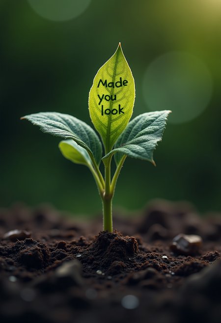 macro shot of a seedling rising from the muddy ground in an elegant twist of entanglement, its leaves turning into galactic inspired foliage carrying a hidden message carved into the leaves with the text "Made you look",  Canon EOS R5, F11<lora:Dever_Flux_Enhancer:0.5>