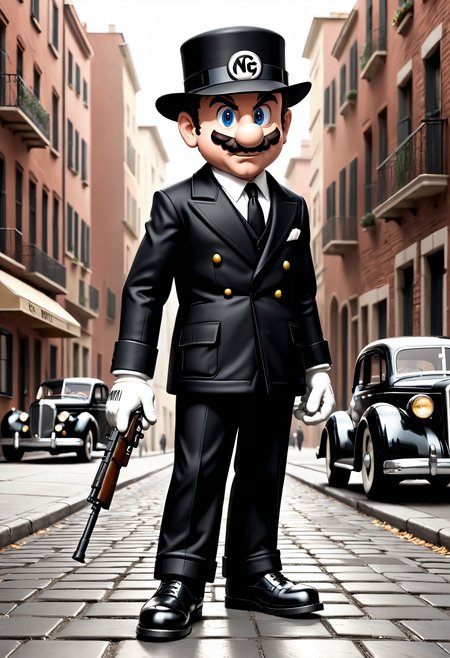 Mario (by nintendo), wearing a (black wool felt hat Fedora Mayfair 40's), black Dolce & Gabbana three-piece suit with white stripes, white shirt, ((black and white shoes style 40's), (the Thomson M1928 submachine gun with Camembert loader), inspired by the movie The Godfather, absurdity, high resolution,
digital art, 90s4n1m3