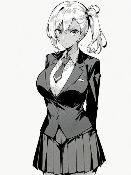 score_9, score_8_up, score_7_up, 
1girl, monochrome, tan, white hair, side ponytail, large breasts, 

frown, closed mouth, looking at viewer,

white shirt, blazer, necktie, pleated skirt, school uniform, arms behind back, white background, 