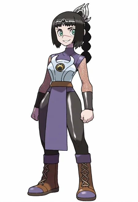 sugimori ken,
best quality, amazing quality, very aesthetic, absurdres,
BREAK
1girl, solo, shadowheart, black hair, braided ponytail, green eyes, scar on face, circlet, armor,
pelvic curtain, leather pants, boots,
smile,
standing, full body, 
solo, looking at viewer, simple background, white background, <lora:ShadowHeartIllustrious_byKonan:0.8>,  <lora:KenSugimoriNoob_byKonan:1>